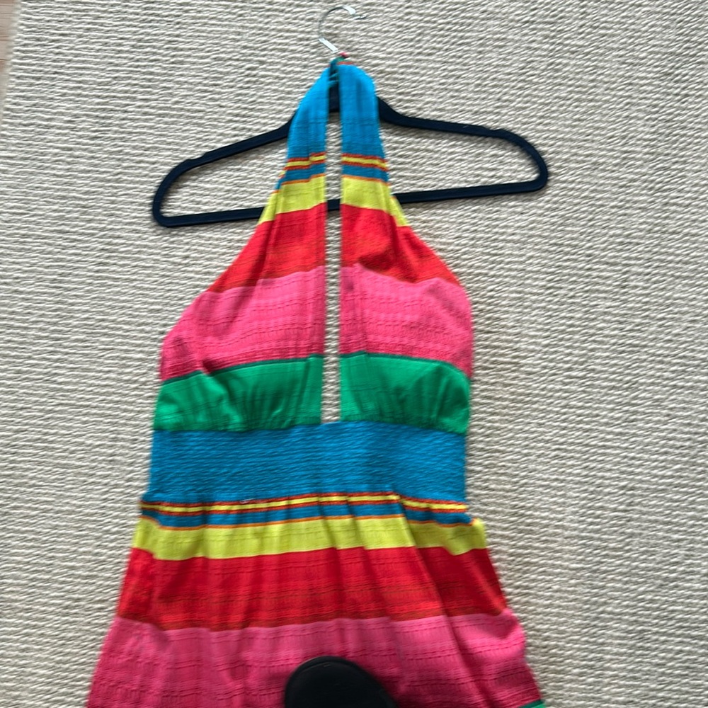 Lined Alice + Olivia, colorful halter dress with eyelet lace.